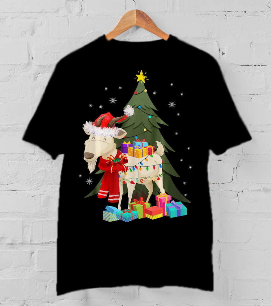 Goat Christmas Lights Funny Goat Santa Hat Presents Tree Snowflakes T-Shirt