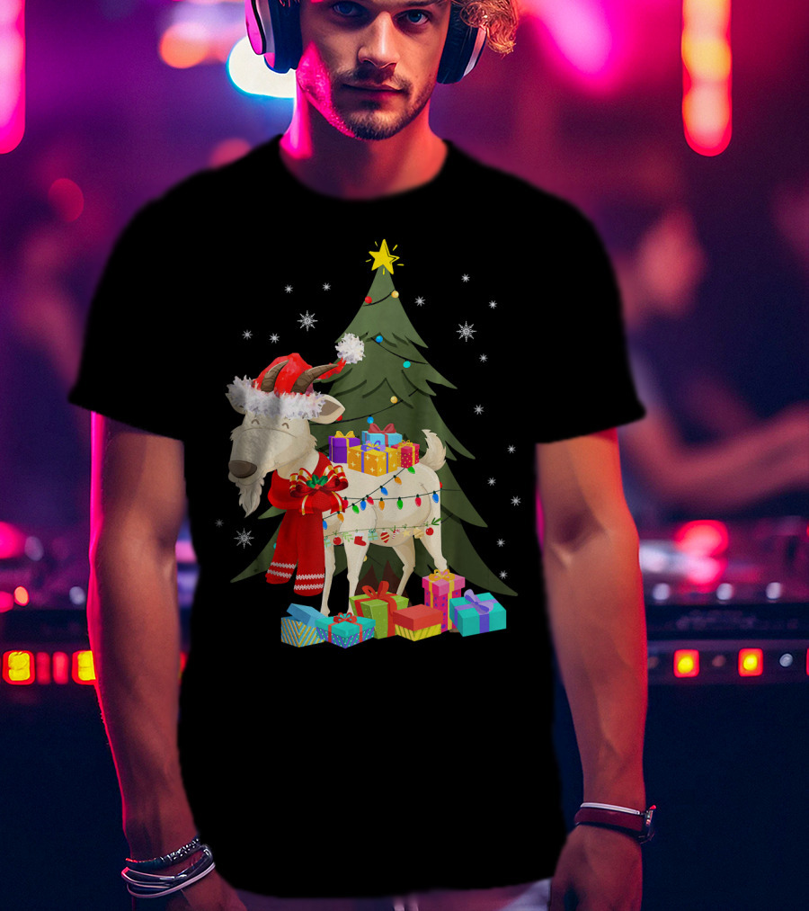 Goat Christmas Lights Funny Goat Santa Hat Presents Tree Snowflakes T-Shirt