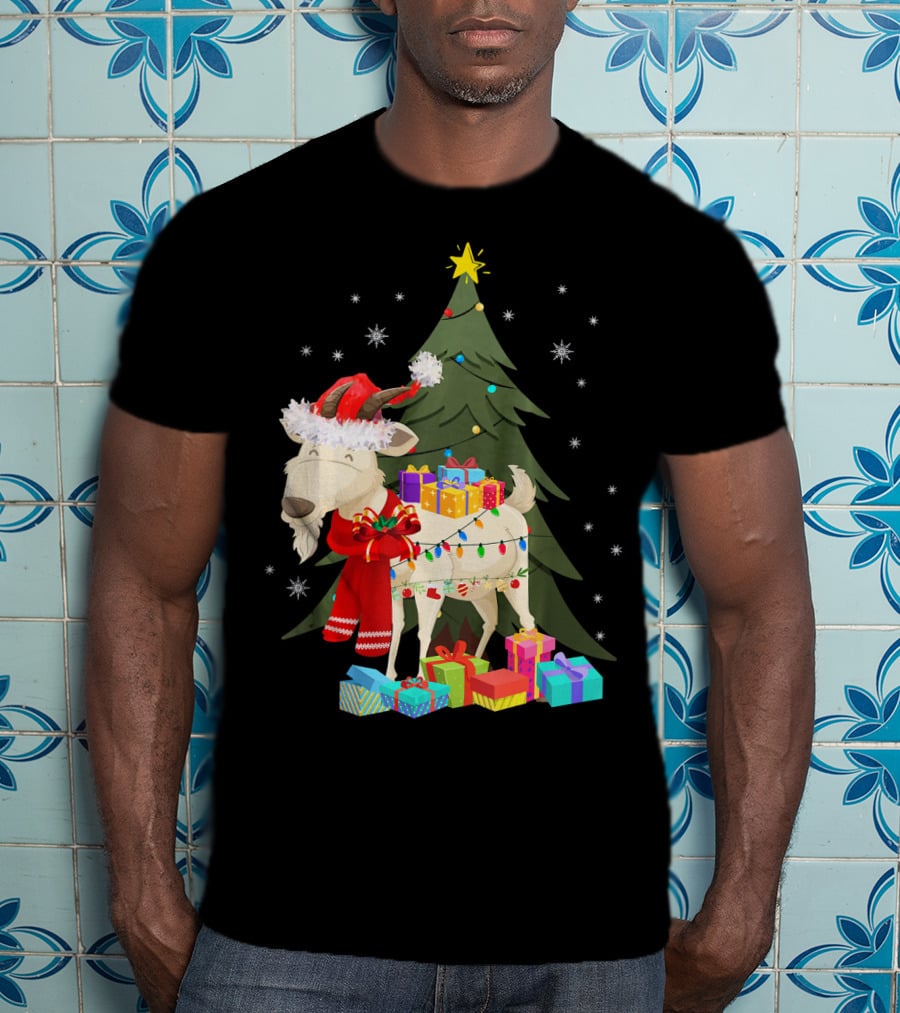 Goat Christmas Lights Funny Goat Santa Hat Presents Tree Snowflakes T-Shirt