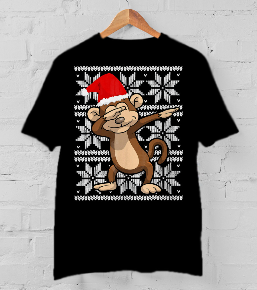 UGLY CHRISTMAS Dabbing Monkey Dab Santa Hat Snowflake T-Shirt