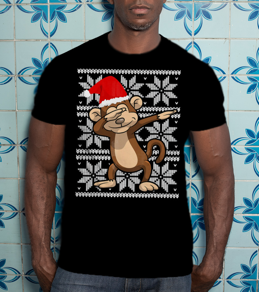 UGLY CHRISTMAS Dabbing Monkey Dab Santa Hat Snowflake T-Shirt