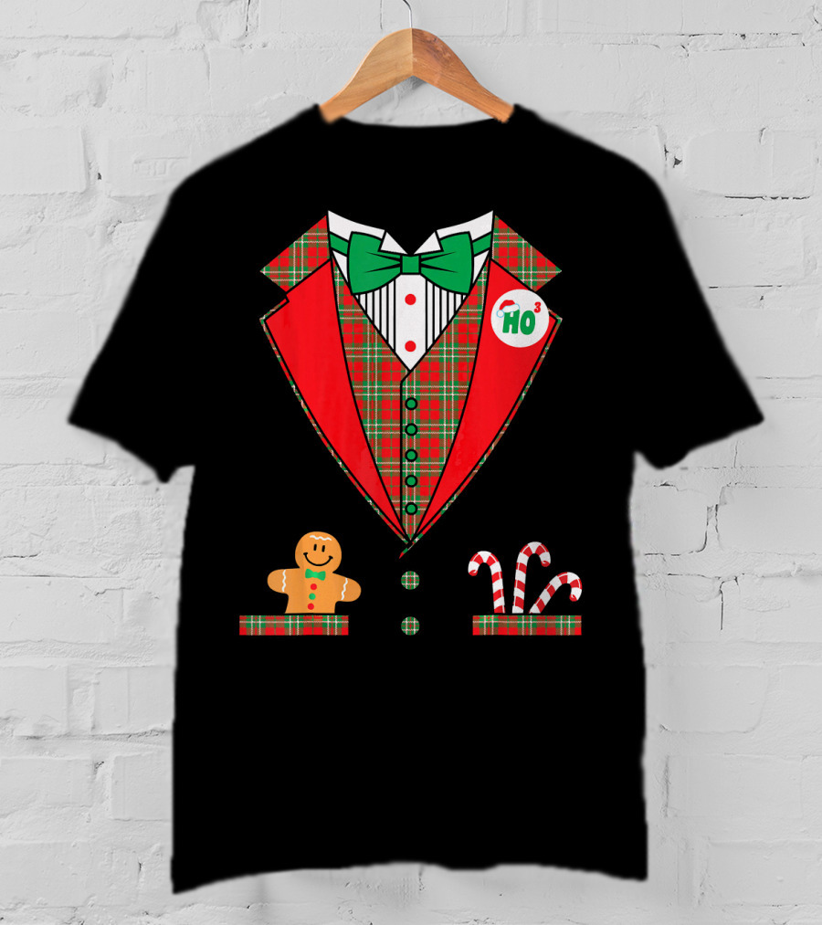 Funny Christmas Costume Tuxedo Ho Ho Ho Bow Tie Gingerbread Candy Cane T-Shirt