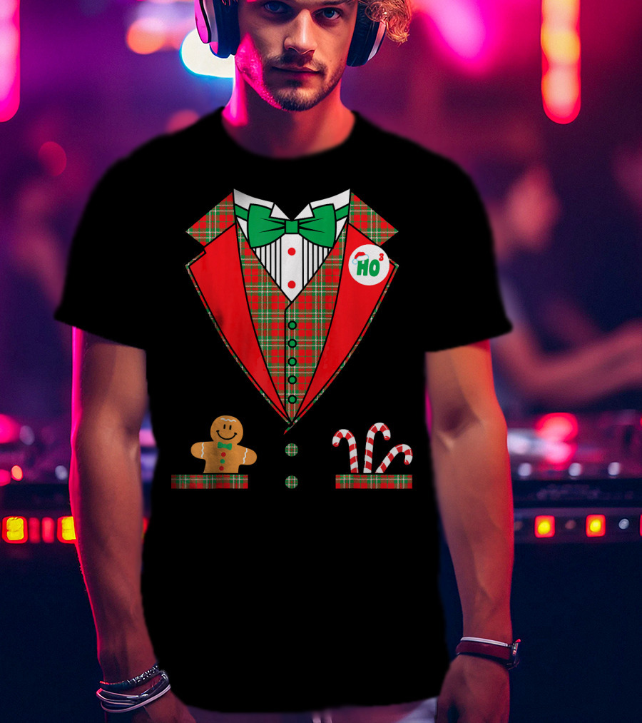 Funny Christmas Costume Tuxedo Ho Ho Ho Bow Tie Gingerbread Candy Cane T-Shirt