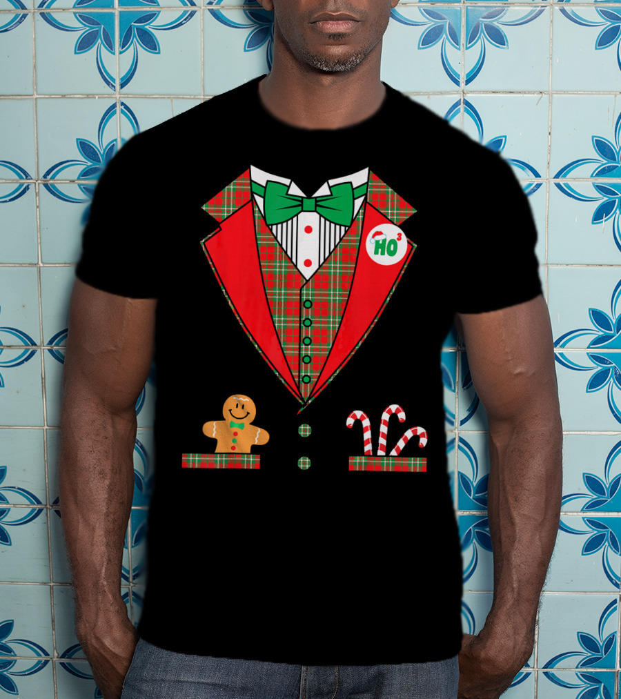 Funny Christmas Costume Tuxedo Ho Ho Ho Bow Tie Gingerbread Candy Cane T-Shirt