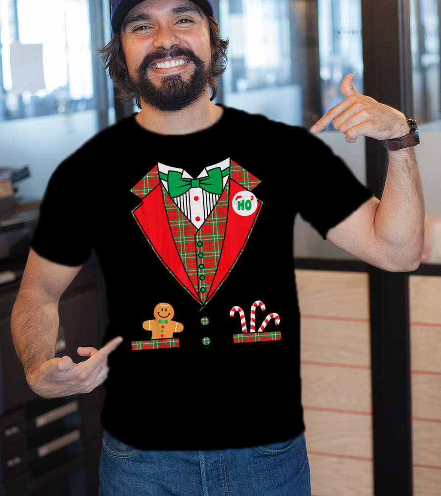 Funny Christmas Costume Tuxedo Ho Ho Ho Bow Tie Gingerbread Candy Cane T-Shirt