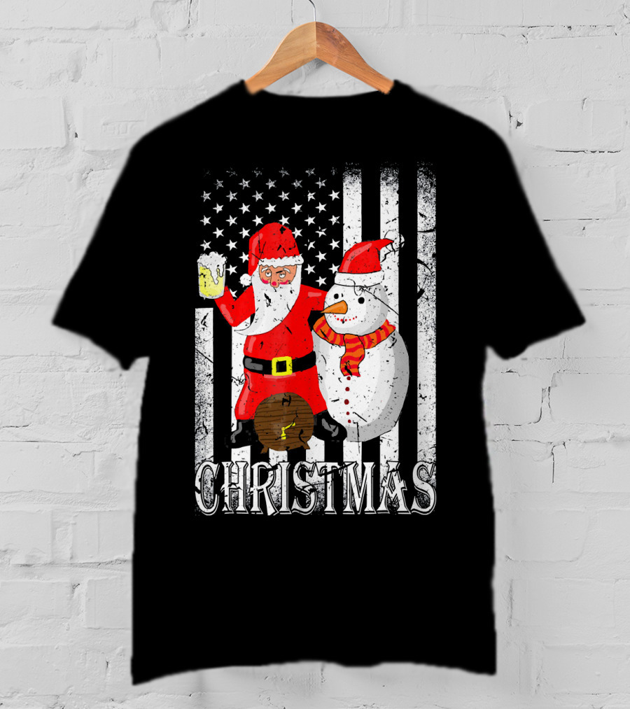 Christmas Santa Claus Snowman With Beer American Flag T-Shirt