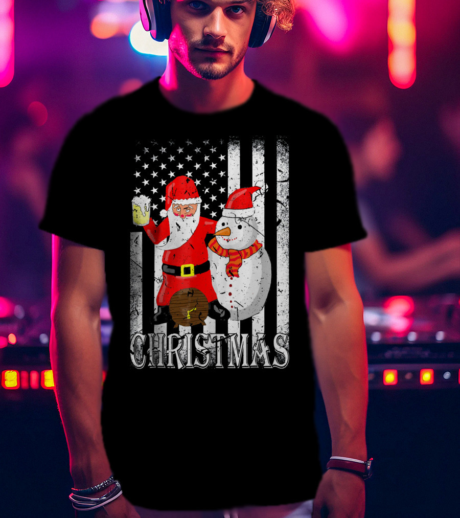 Christmas Santa Claus Snowman With Beer American Flag T-Shirt