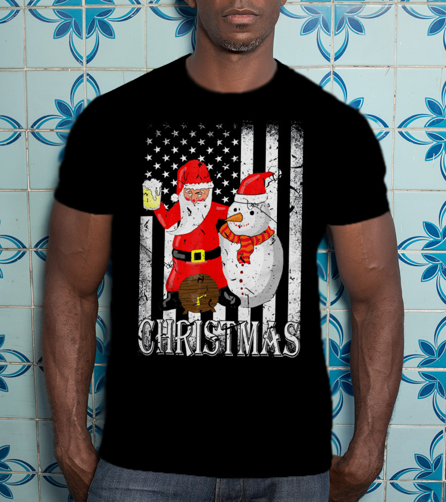 Christmas Santa Claus Snowman With Beer American Flag T-Shirt