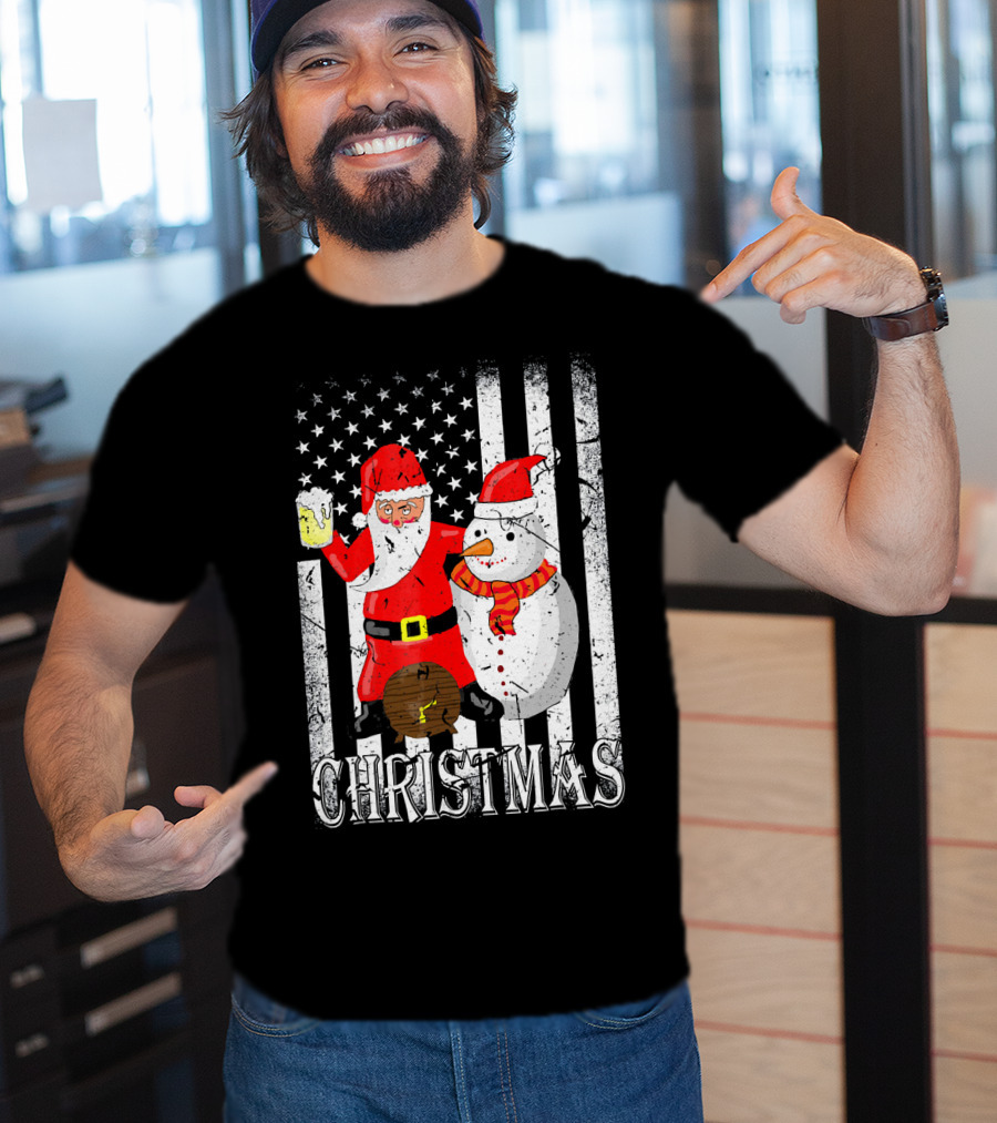 Christmas Santa Claus Snowman With Beer American Flag T-Shirt
