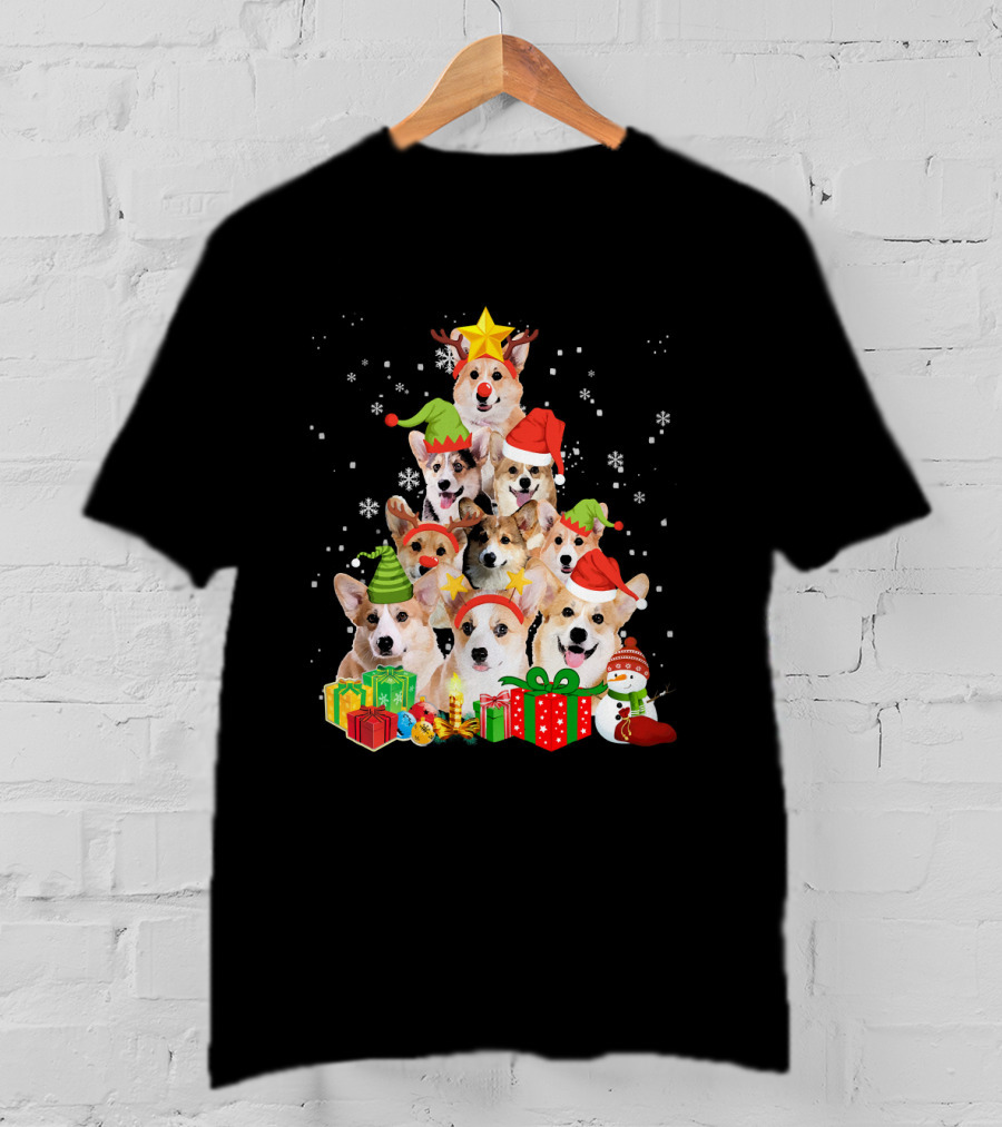 Corgi Christmas Tree With Snowflakes And Holiday Hats T-Shirt