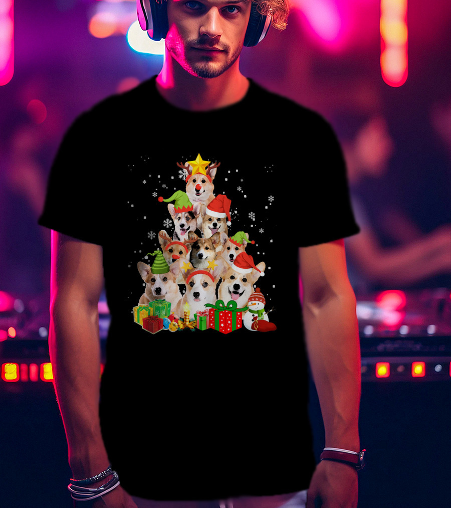Corgi Christmas Tree With Snowflakes And Holiday Hats T-Shirt