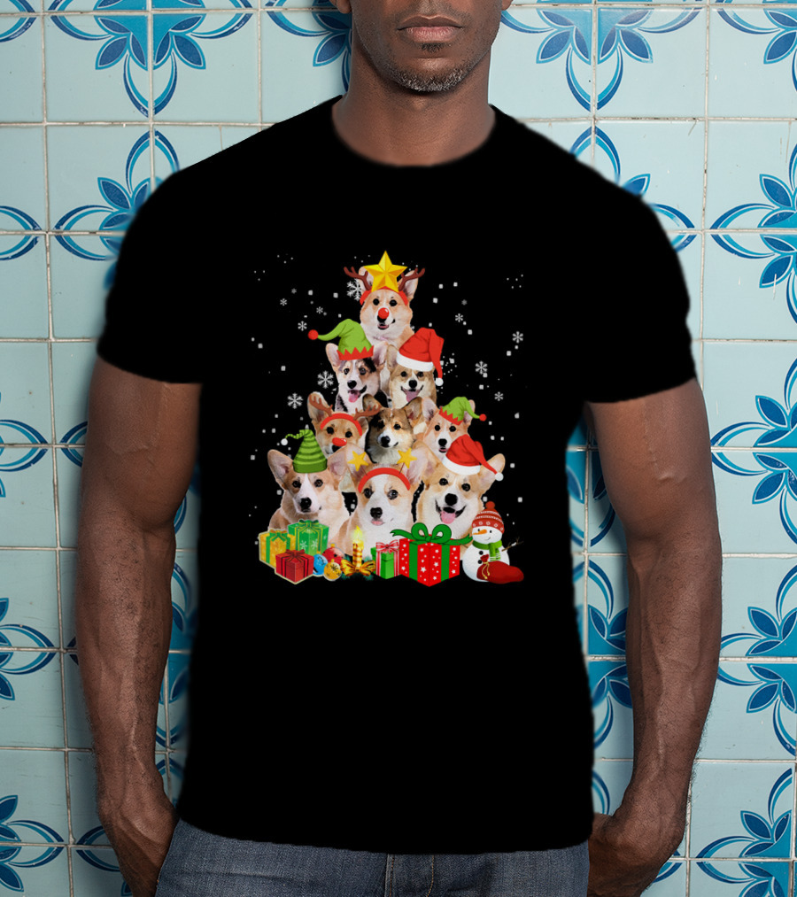 Corgi Christmas Tree With Snowflakes And Holiday Hats T-Shirt
