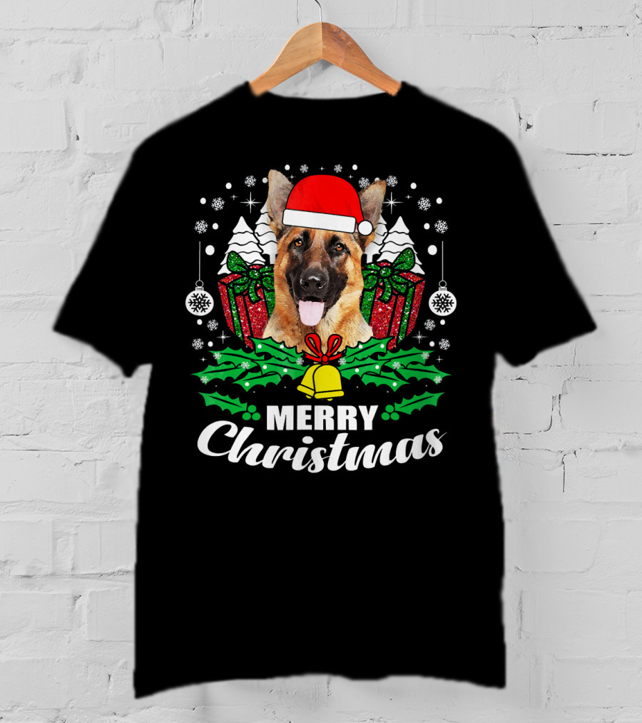 German Shepherd Merry Christmas Santa Hat Festive Holiday Dog Love T-Shirt