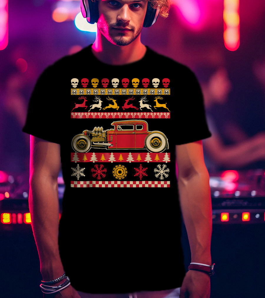 Rat Rod Christmas Party Skull Route 66 Reindeer Snowflakes Checkerboard T-Shirt