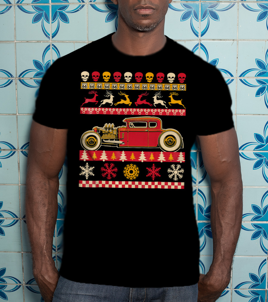 Rat Rod Christmas Party Skull Route 66 Reindeer Snowflakes Checkerboard T-Shirt