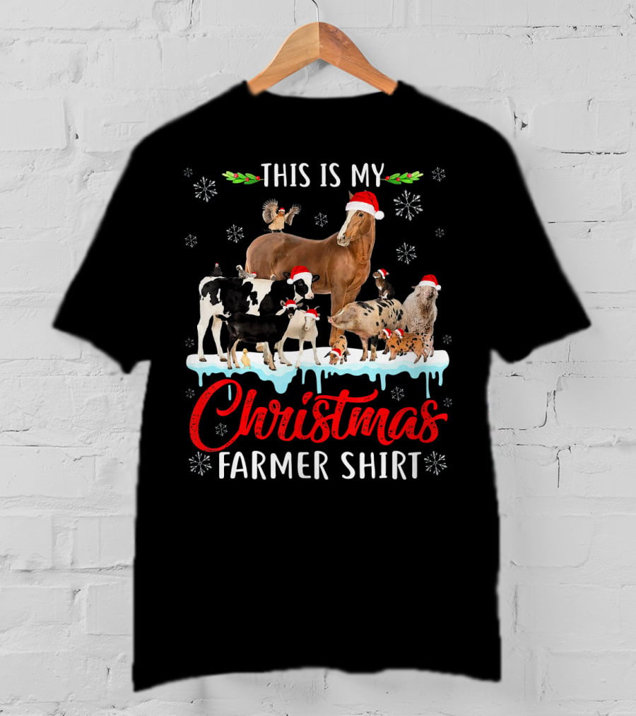 This Is My Christmas Farmer Shirt Santa Hat Animals Snowflakes T-Shirt
