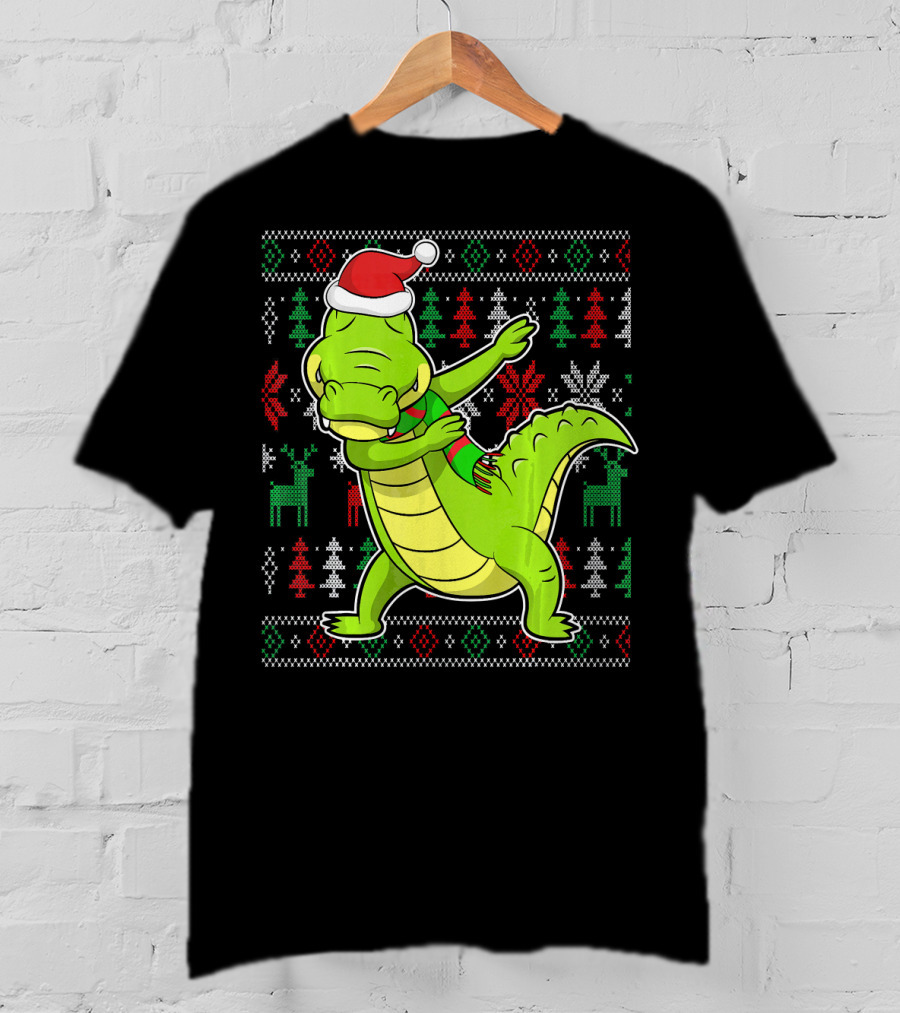 Ugly Christmas Dabbing Alligator Santa Hat Festive T-Shirt