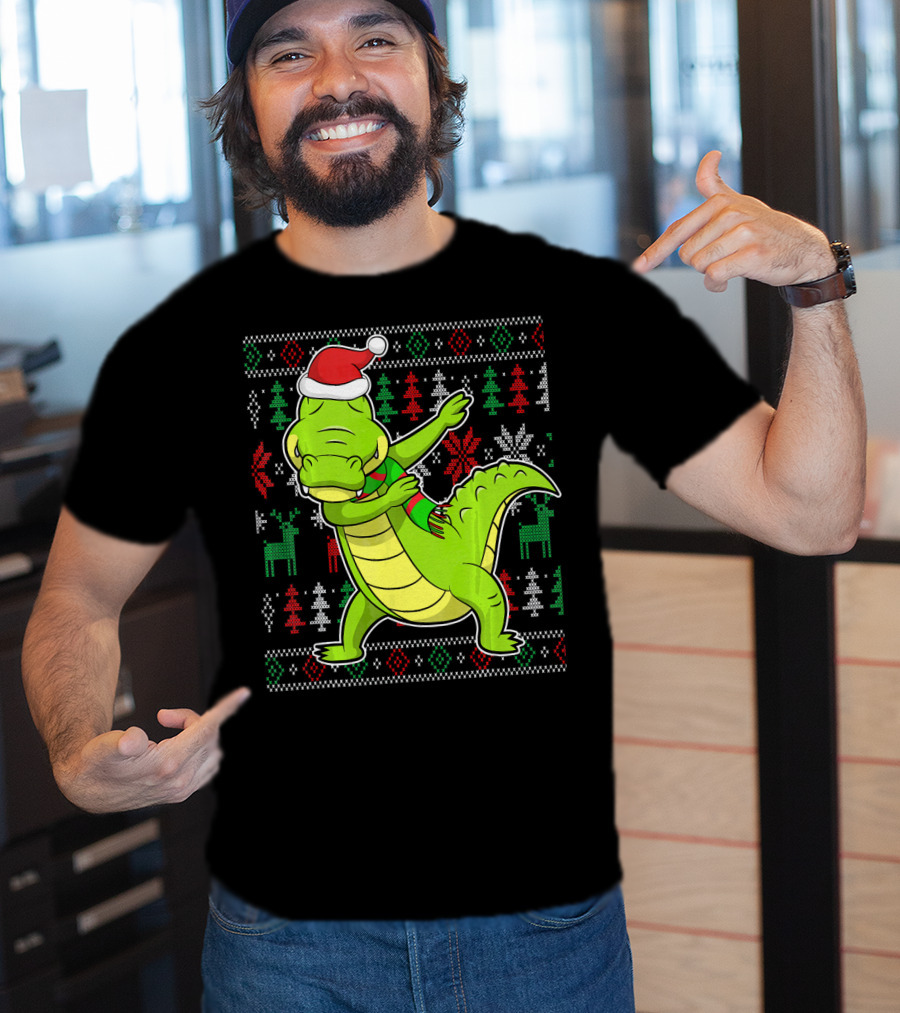 Ugly Christmas Dabbing Alligator Santa Hat Festive T-Shirt