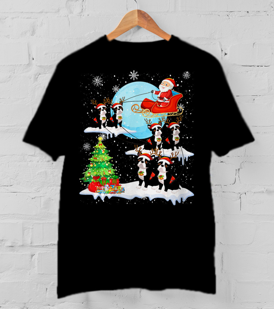 Santa Sleigh With Boston Terrier Reindeer And Christmas Tree T-Shirt