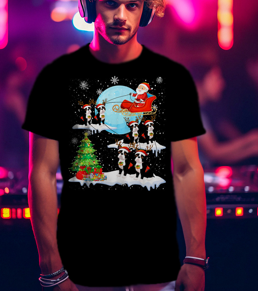 Santa Sleigh With Boston Terrier Reindeer And Christmas Tree T-Shirt