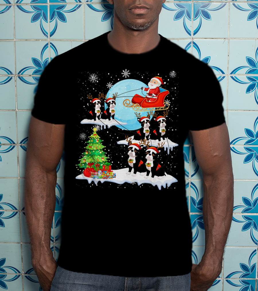 Santa Sleigh With Boston Terrier Reindeer And Christmas Tree T-Shirt