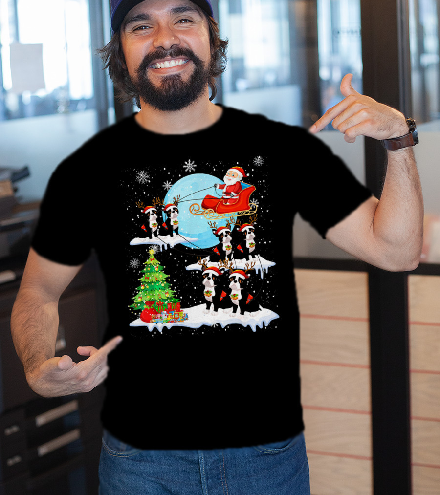 Santa Sleigh With Boston Terrier Reindeer And Christmas Tree T-Shirt
