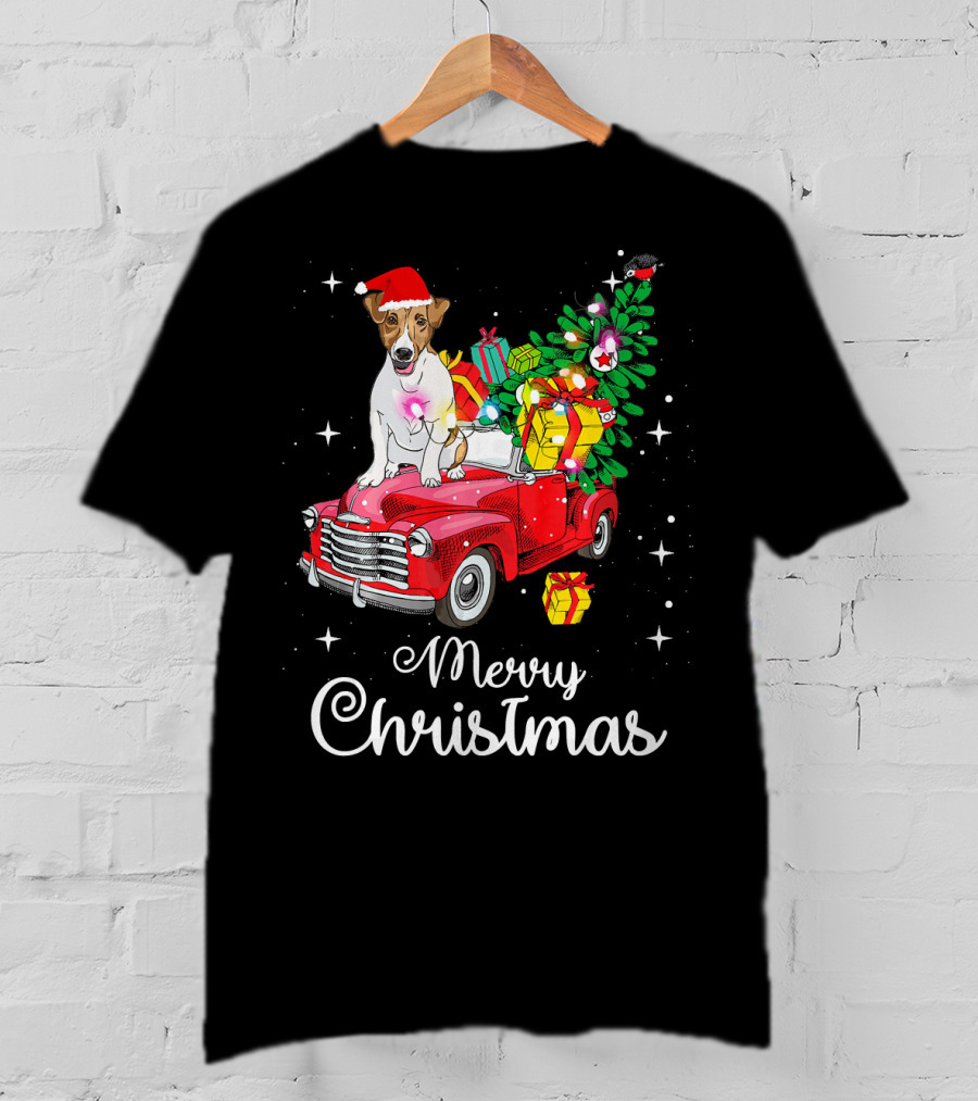 Merry Christmas Jack Russell Terrier Riding Red Truck With Gifts And Santa Hat T-Shirt