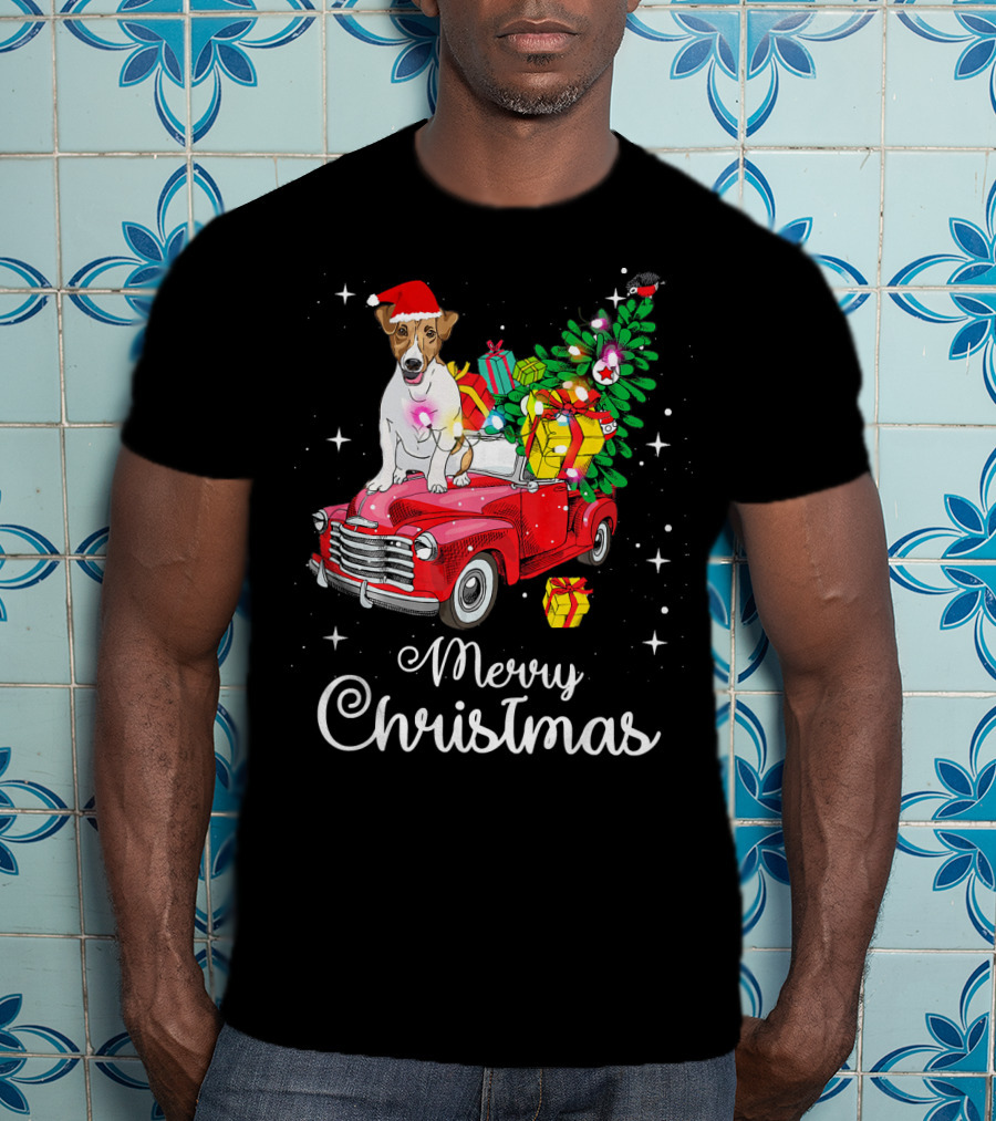 Merry Christmas Jack Russell Terrier Riding Red Truck With Gifts And Santa Hat T-Shirt