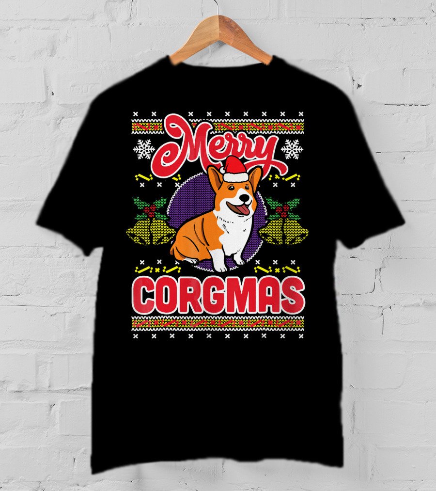 Merry Corgmas Ugly Christmas Corgi Dog Santa Hat Snowflakes Holiday T-Shirt