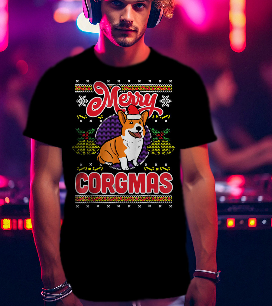 Merry Corgmas Ugly Christmas Corgi Dog Santa Hat Snowflakes Holiday T-Shirt