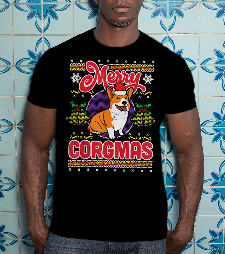 Merry Corgmas Ugly Christmas Corgi Dog Santa Hat Snowflakes Holiday T-Shirt