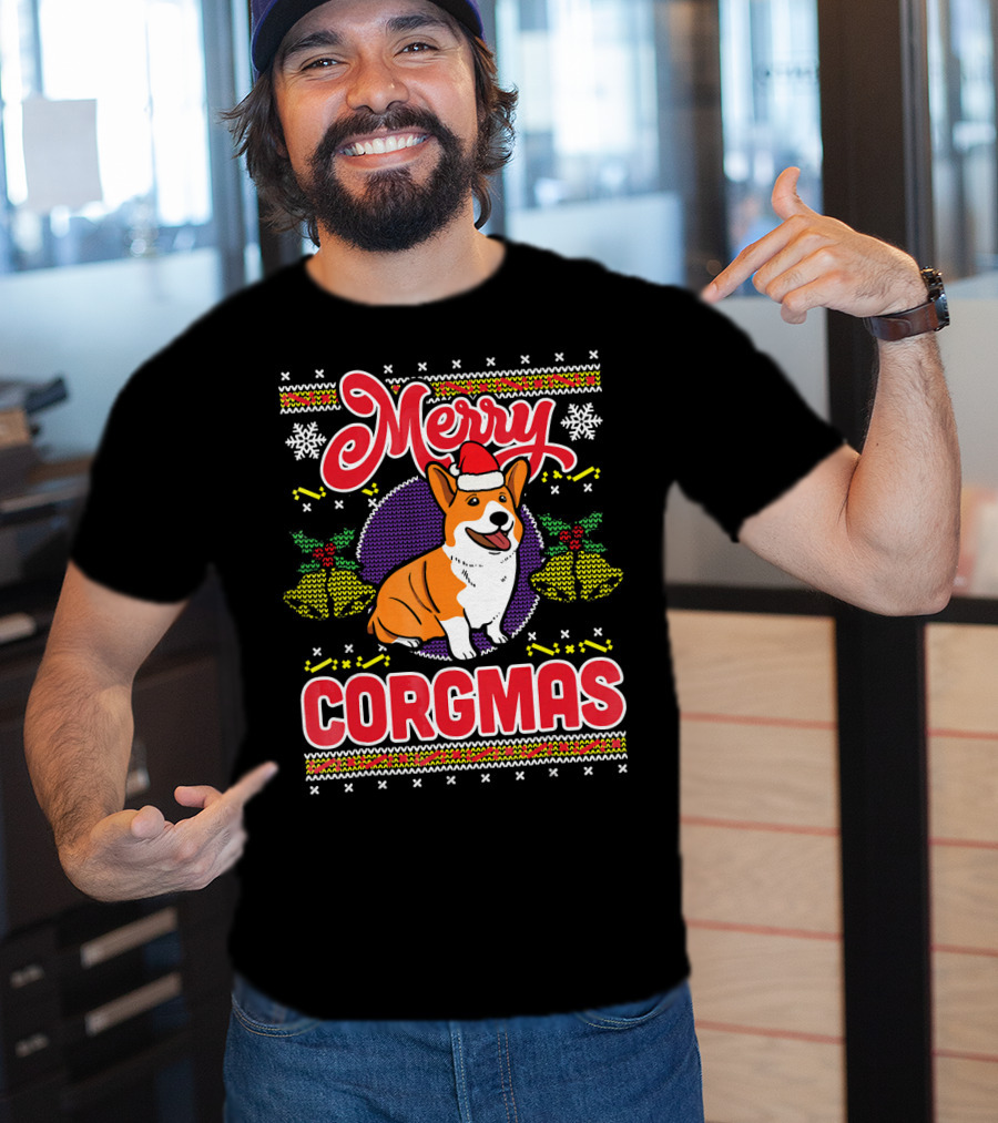 Merry Corgmas Ugly Christmas Corgi Dog Santa Hat Snowflakes Holiday T-Shirt