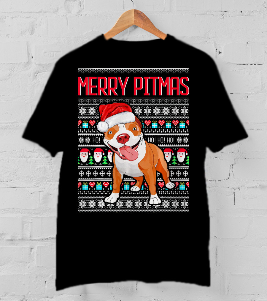 Merry Pitmas Santa Hat Dog Ho Ho Ho UglyStyle Christmas T-Shirt