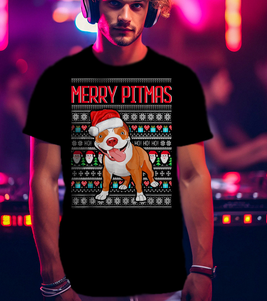 Merry Pitmas Santa Hat Dog Ho Ho Ho UglyStyle Christmas T-Shirt
