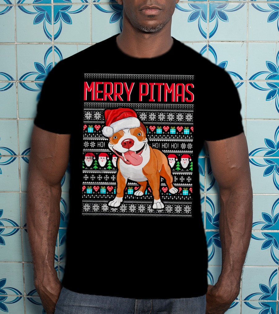 Merry Pitmas Santa Hat Dog Ho Ho Ho UglyStyle Christmas T-Shirt