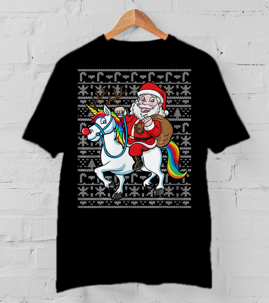 Santa Riding Reindeer-Antlered Rainbow Unicorn On Christmas T-Shirt