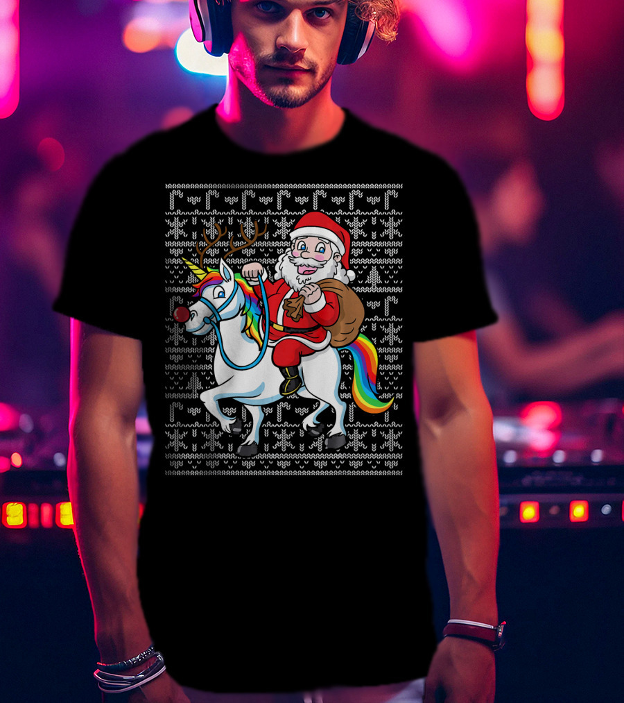 Santa Riding Reindeer-Antlered Rainbow Unicorn On Christmas T-Shirt