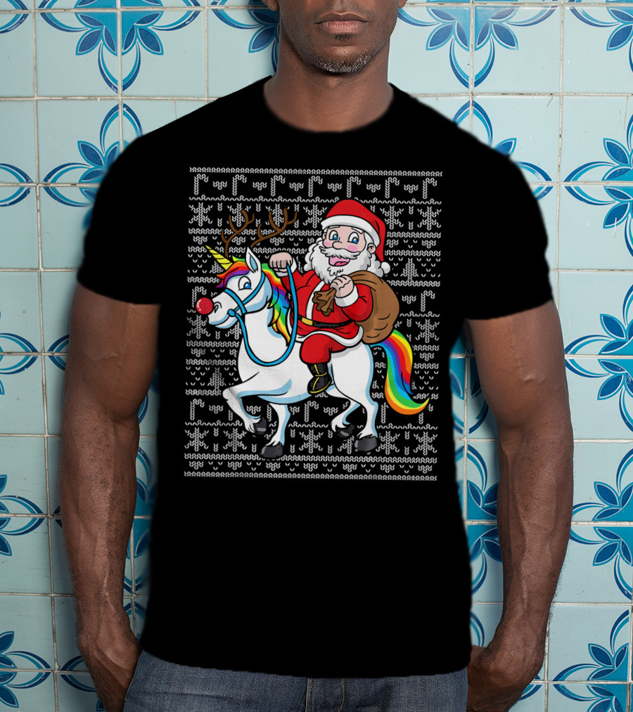 Santa Riding Reindeer-Antlered Rainbow Unicorn On Christmas T-Shirt