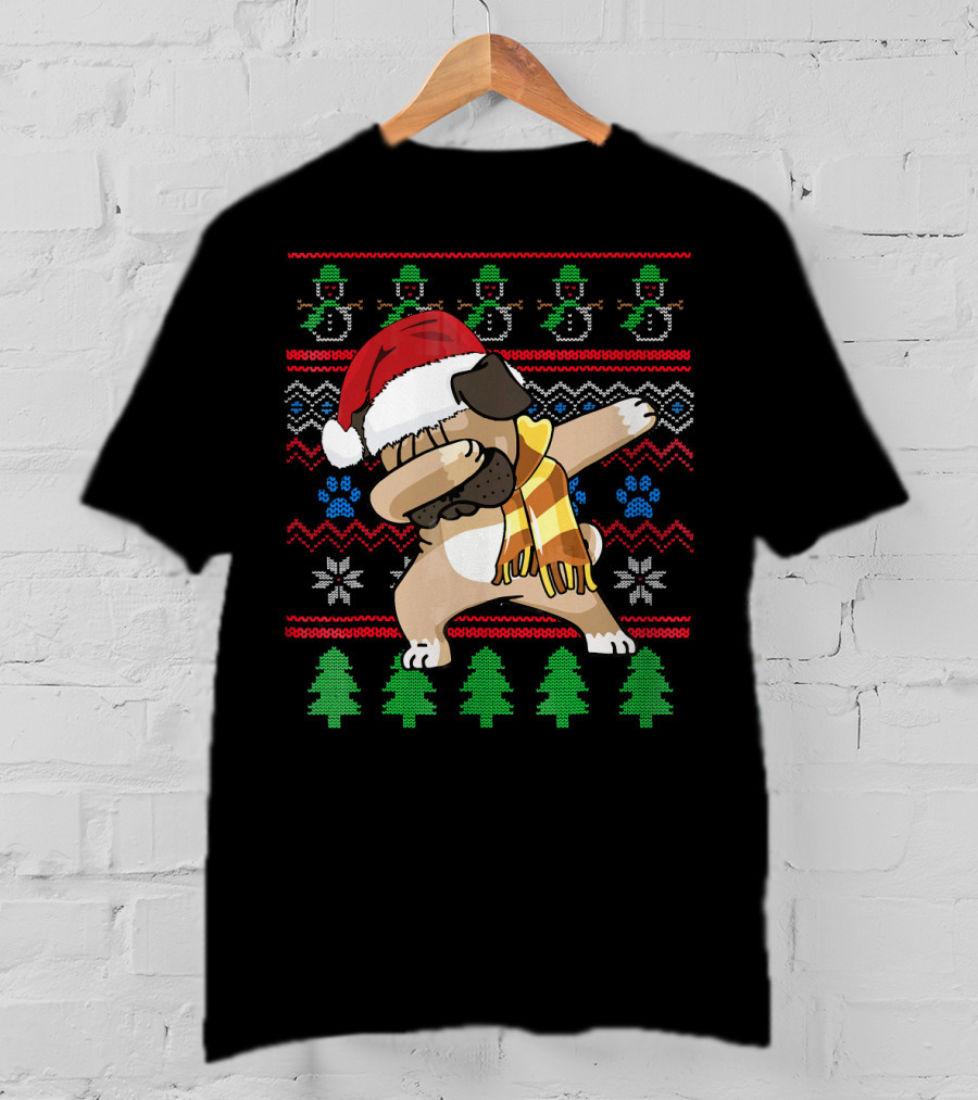 Pug Dabbing Santa Hat Christmas Snowman Tree Pattern UglyStyle T-Shirt