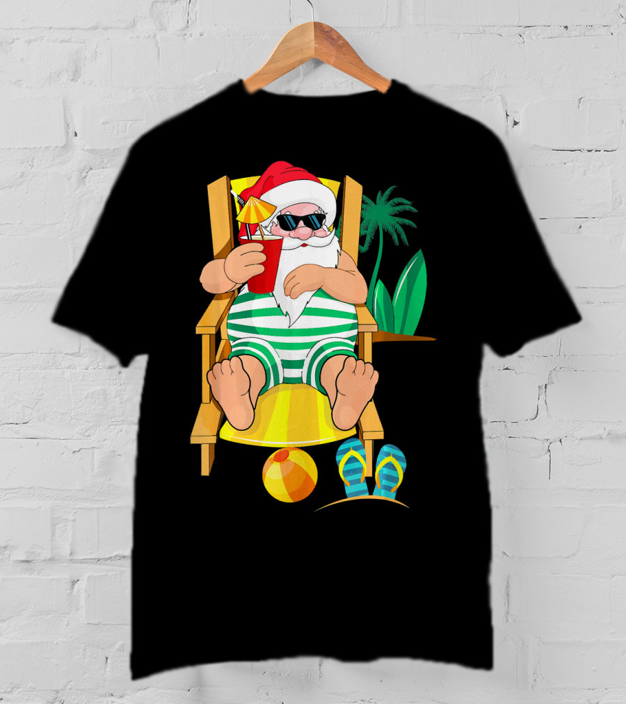Christmas In July Santa Relaxing On Beach Chair With Cocktail And Palm Tree T-Shirt