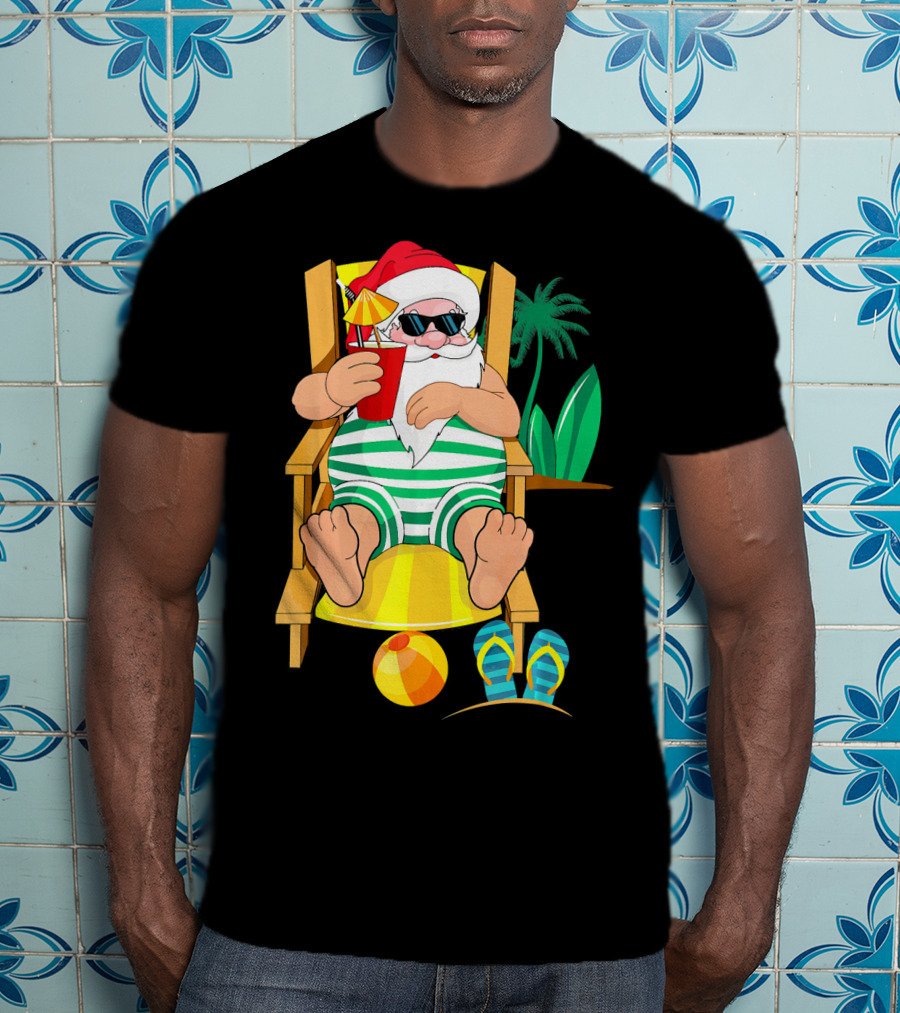 Christmas In July Santa Relaxing On Beach Chair With Cocktail And Palm Tree T-Shirt