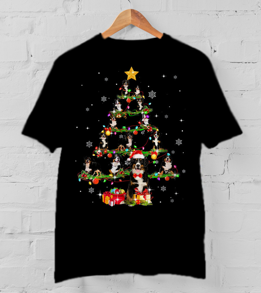Bernese Mountain Dog Christmas Tree With Santa Hat And Gifts T-Shirt
