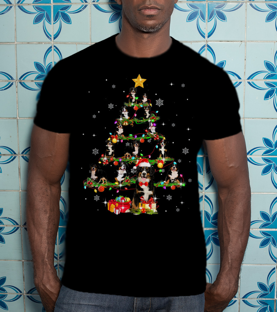 Bernese Mountain Dog Christmas Tree With Santa Hat And Gifts T-Shirt