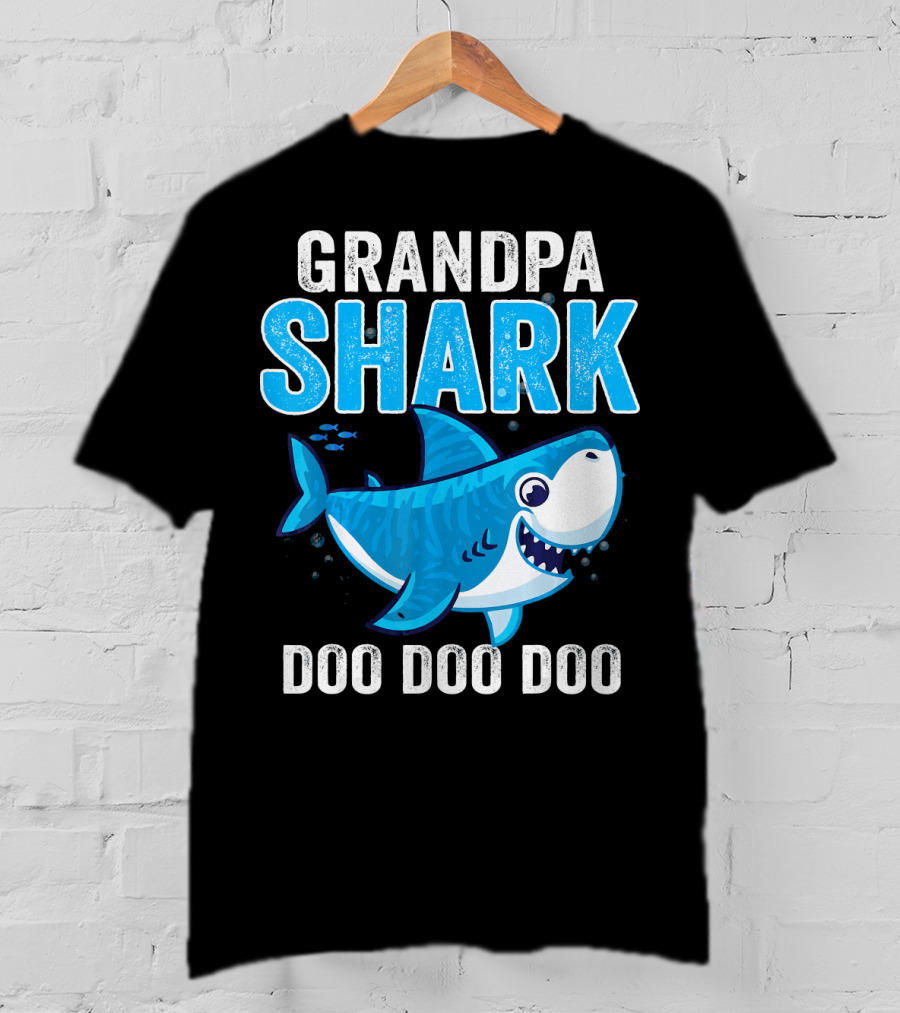 Grandpa Shark Doo Doo Doo Bright Blue Cartoon Shark T-Shirt