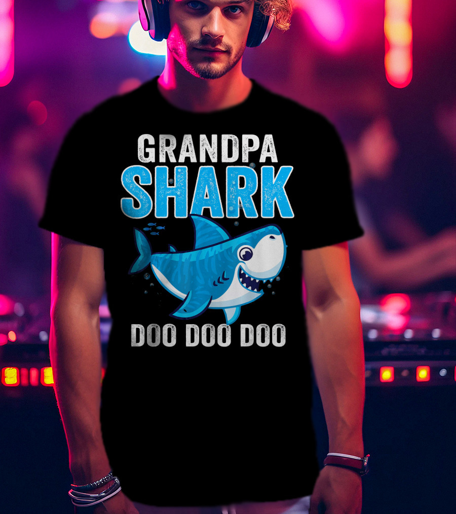 Grandpa Shark Doo Doo Doo Bright Blue Cartoon Shark T-Shirt