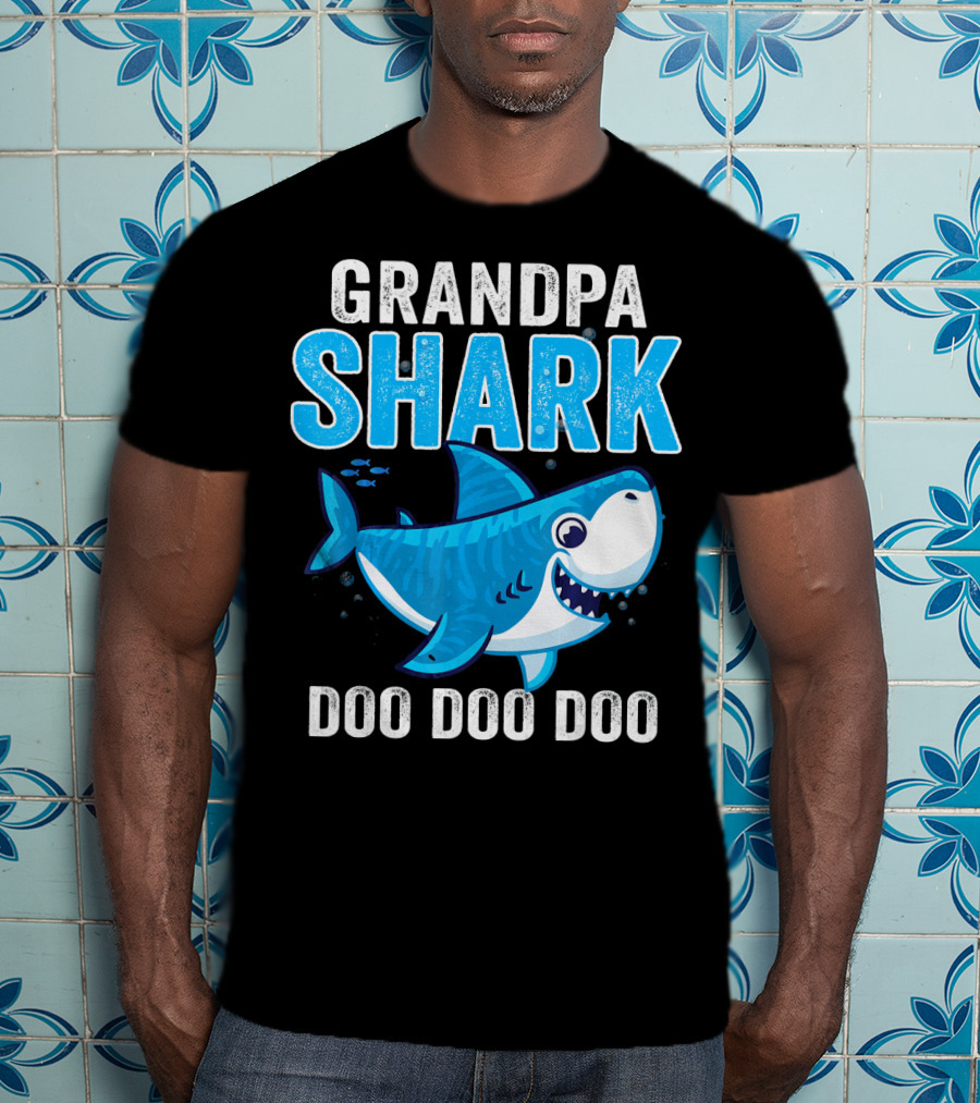 Grandpa Shark Doo Doo Doo Bright Blue Cartoon Shark T-Shirt