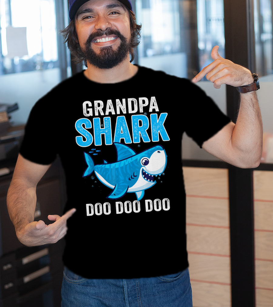 Grandpa Shark Doo Doo Doo Bright Blue Cartoon Shark T-Shirt