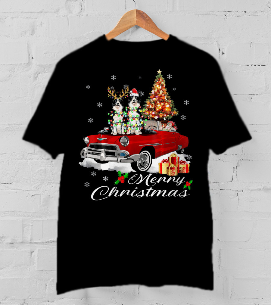 Merry Christmas Border Collie On Red Holiday Truck With Gifts And Tree T-Shirt