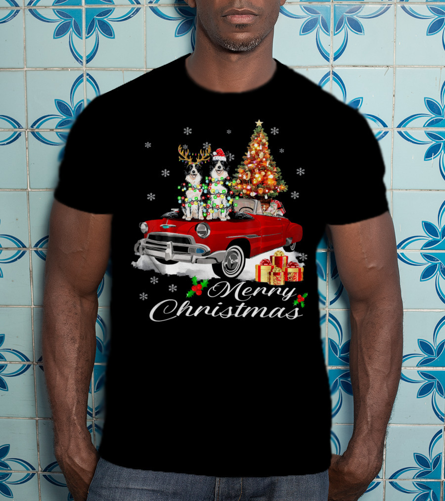 Merry Christmas Border Collie On Red Holiday Truck With Gifts And Tree T-Shirt