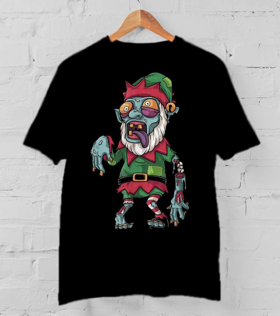 Zombie Christmas Elf Funny Cartoon Holiday T-Shirt